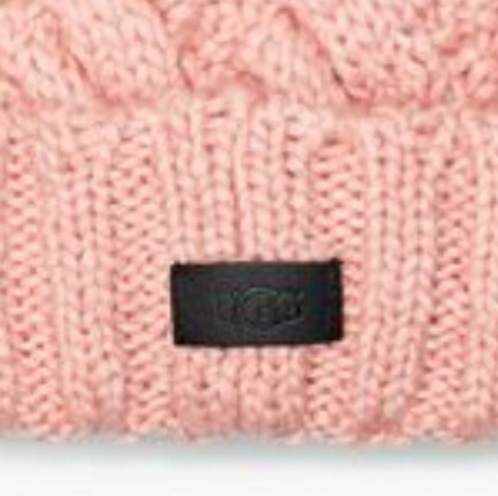 UGG Pom Knit Cable Beanie Faux Fur Pink Winter Hat - Picture 5 of 5